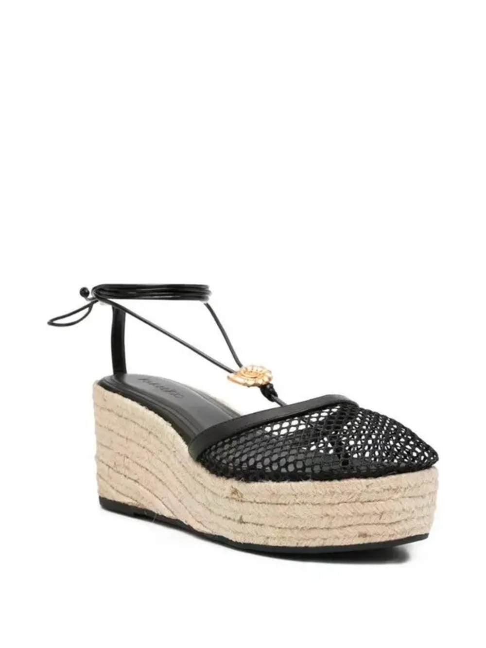FARM Rio Black Woven Espadrille Platform Wedge with Gold Medallion